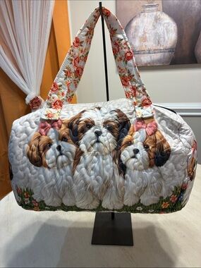 Quilted Shih Tzu Print Travel Tote Bag - White with Floral Handles.
